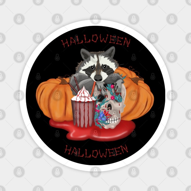 Halloween Raccoon with skull and pumpkins in the blood puddle Magnet by KateQR